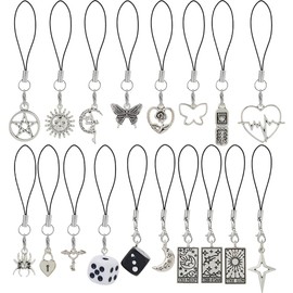 DICOSMETIC 18Pcs Phone Wrist Strap Vintage Phone Charms 18 Styles Tarot Card Star Moon Heart Charms Lanyard Strap Antique Silver Cellphone Keychain Cell Phones Pendant Accessories for Bag Camera
