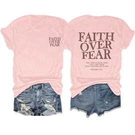 AMWIPE Faith Over Fear Shirt Womens Christian Tshirts Religious Sayings Tees Vintage Bible Verse Inspirational Tee Tops Pink