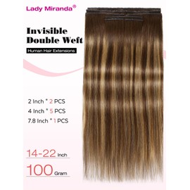 LADY MIRANDA Double Weft Hair Extensions Human Hair 100G 14 Inch Brown Highlights Honey Blonde Invisible PU Human Hair Extensions 8PCS Long Genius Weft with Micro Beads(T4/27, 14 Inch)