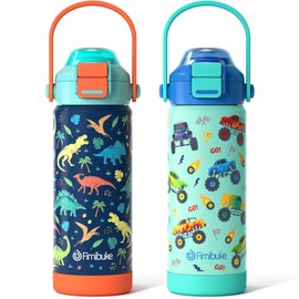 Kids Insulated Water Bottle with Pop-Open Straw & Spout 2-in-1 Lid, 18oz Leak Proof 18/8 Stainless Steel Vacuum Tumbler, BPA-Free Kids Cup For Travel School Boys Girls Toddler, Dinosaur & Monster Car