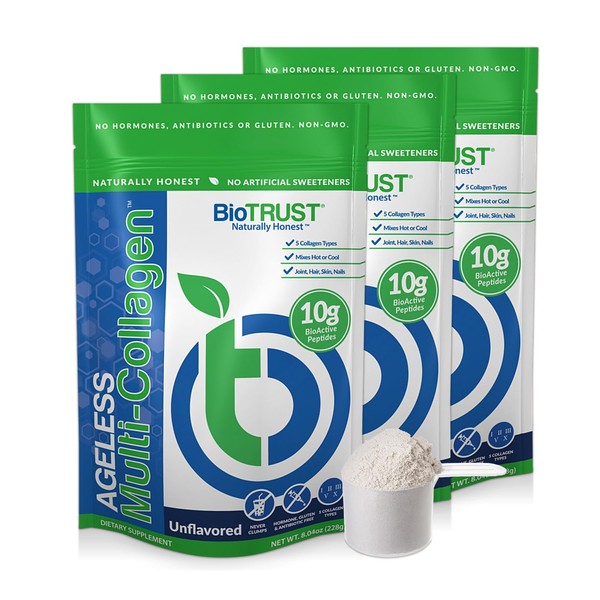 BioTrust Ageless Multi Collagen Protein a 5-in-1 Collagen Powder, 5 Collagen Types, Hydrolyzed Collagen Peptides, Grass-Fed Beef, Sustainable Fish, Chicken and Eggshell Membrane (Unflavored - 3 Pack)