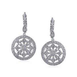 Vintage Style Bridal Sorcerer Shield Circle Round Compass Cubic Zirconia CZ Prom Dangle Earrings Silver Plated Brass