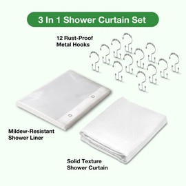 Lameirose 3 in 1 Shower Curtain Set, 72x84 White Shower Curtain and Liner Set with 12 Double Sided Shower Curtain Hooks, Cloth Shower Curtains for Bathroom,Waterproof