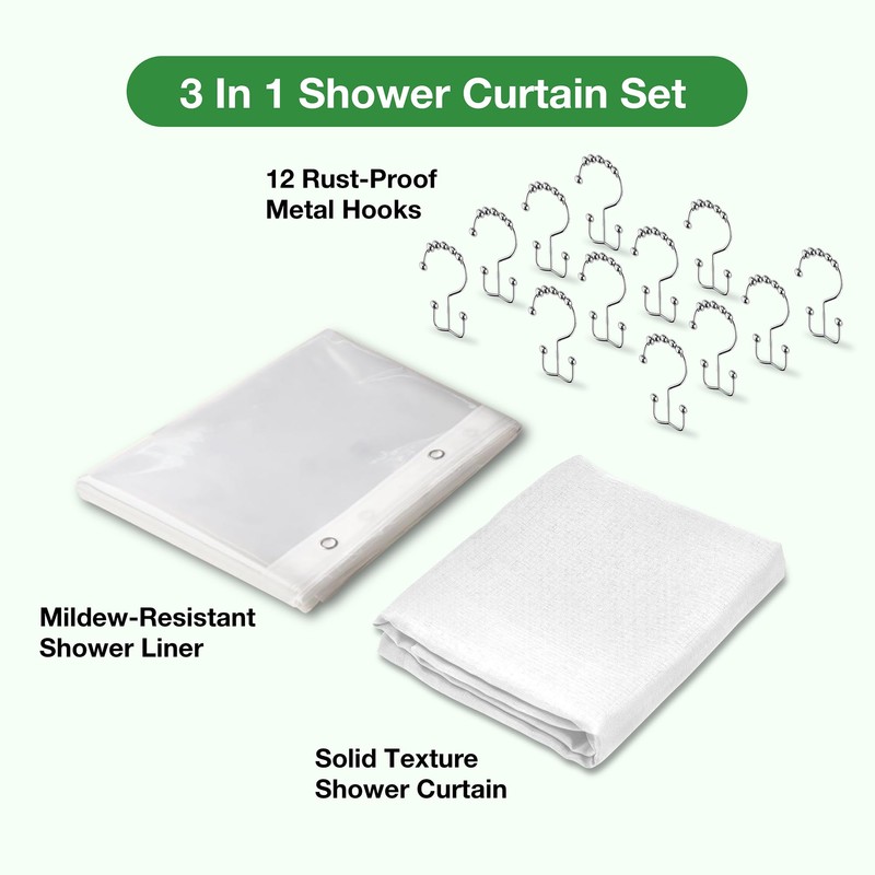 Lameirose 3 in 1 Shower Curtain Set, 72x84 White Shower