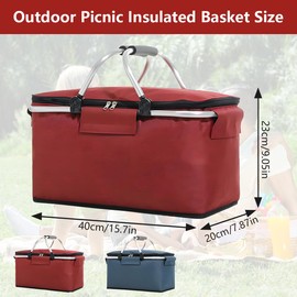 JZS Insulated Picnic Basket - Collapsible Cooler Bag with Handles & Zipper, Leak-Proof & Portable for Travel, Beach & Shopping,Claret