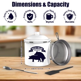 CINNIE&JHIN Bacon Grease Container with Strainer, Enamel Bacon Grease Saver with Silicone Spatula & Spoon, Rustic Farmhouse Bacon Grease Keeper For Kitchen Fat Storage, Dishwasher Safe, 46OZ, White