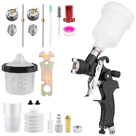 Mini HVLP Air Spray Gun with 0.8/1.0 mm Nozzles and 5pcs 200ML Disposable Paint Cups, 125 cc Cup Gravity Feed Air Paint Sprayer Touch UP Spray Gun for Car Furniture Painting, Detail Repair (Black)