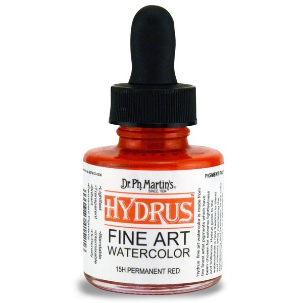 Dr. Ph. Martin's Hydrus Fine Art Watercolor (15H) Watercolor Bottle, 1.0 oz, Permanent Red, 1 Bottle