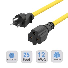 25-Ft 12AWG Nema 5-20P Extension Cord Nema 5-20 Heavy Duty Extension Cable, 20 Amp 125V Plug Nema 5-20P to 5-20R/15R,5-20P to 6-15R/20R T Blade 20Amp-Extension Cable, 125V 20A AC Power Extension Cord