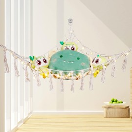 Sannofair Stuffed Animal Net or Hammock with LED Light, 50 inch Toy Hammock Macrame Stuff Animal Storage Corner Hanging Net Holder with 3 Hooks for Kid Boy Bedroom Decor