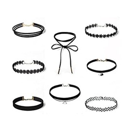 Choker Necklace Set, 9 Pieces Stretch Collar Tattoo Chains Choker for Teen Girls Women Velvet Black 28 + 7 cm, black