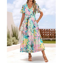 ZESICA Women's 2025 Summer Floral V Neck Midi Dress Boho Short Sleeve High Waist Flowy Beach Vacation Dresses with Belt,Green,Medium