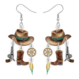 RAIDIN Acrylic Funny Cowboy Cowgirl Boots Hat Dangle Earrings Western Gifts for Women Mom Cute Unique Jewelry Equestrian Gifts for Rodeo Country Music Lovers (Beige)