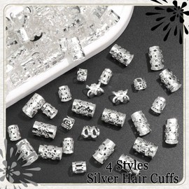 VENOFEN 120PCS Silver Hair Cuffs for Braids Loc Dreadlock Jewelry Metal Braids Clips Adjustable Hair Cuffs Rings Alloy Hair Accessories for Women and Girls