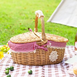 MZSX Outdoor Picnic Basket, Wicker Picnic Basket, With Lid And Handle, Decoration Liner Garden Harvest, for Hiking, Weddings, Garden, Home Organization, Camping