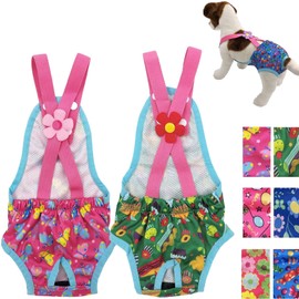 FUNNYDOGCLOTHES Pack of 2 Female Dog Diapers Sanitary Pantie Washable Reusable with Suspenders Stay On for Small Pet (M: Waist 16" - 20", Pink Butterfly and Green Cupcake)