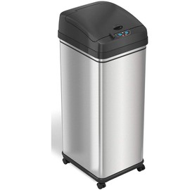 iTouchless Touchless Glide 13 Gallon Pet-Proof Sensor Trash Can with Odor Control System and Wheels, Stainless Steel Kitchen Wastebasket Bin, Silver with Black Trim