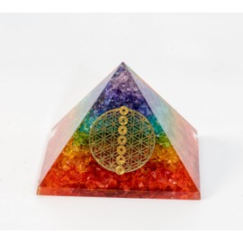 Seven Chakra Orgone Pyramid-Paper Weight- Flower of Life Balance Reiki Healing Meditation Orgonite Pyramid- Money Magnet- Positive Energy Generator EMF Protection
