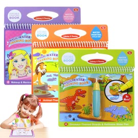 3PCS Libro de Dibujo de Agua Mágica, Libros Agua Dibujo Reutilizable con 3 Plumas de Pintura Doodle,Regalos Mágicos para Niños (Dinosaurios y Animales