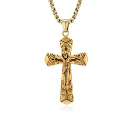 Aprila Men Wrench Cross Necklace,Stainless Steel Gold Crucifix Jesus Pendant Necklace Baptism Christian Jewelry,60cm Rolo Chain