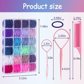 360PCS Elastic Hair Ties, Small Ponytail Holders with Clear Organizer Box, No Crease Hair Ties for Kids Girls Baby Toddle, 24 Colors Hair Ties with Hair Tail Tools, Rat Tail Comb, Kids Hair Accessory