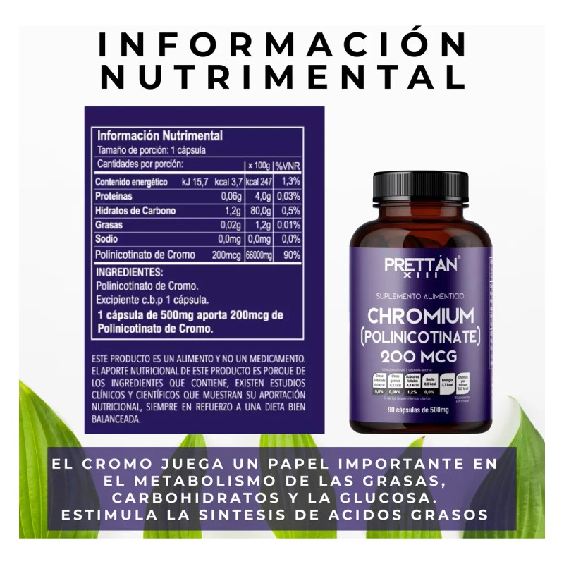Cromo Suplemento Alimenticio 200mcg 90 Caps Prettan Sin Sabor
