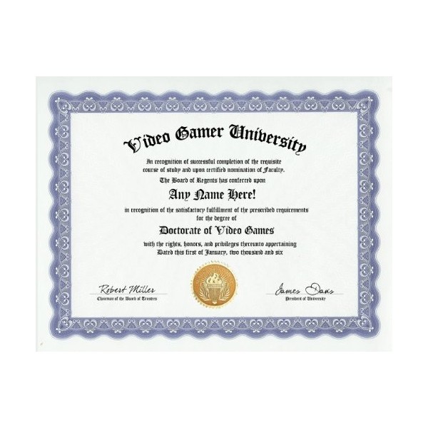 Video Game Videogame Gamer Degree: Custom Gag Diploma Doctorate Certificate (Funny Customized Joke Gift - Novelty Item)