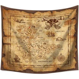QCWN Treasure Map Tapestry Wall Hanging,Island Map Super Detailed Treasure Map Pirates Gold Secret Sea History Theme, Wall Hanig for Bedroom Living Room Dorm Decor Beige and Brown 59x51Inc