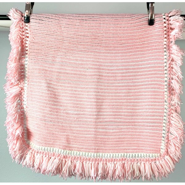 Handmade Vintage Handmade Raised Texture Fringe Pink Baby Crib Crochet