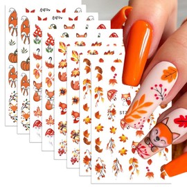 8Sheets Thanksgiving Nail Stickers Autumn Nail Art Stickers Maple Leaves Nail Decals Red Orange Leaf Fox Pumpkin Nut Flower Design 3D Self Adhesive Stickers for Nail Women Decor Manicure Supplies