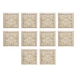 Dnyta 10pcs Decorative Wood Flower Carved Appliques Onlays Square Wood Flower Carved for Cabinet Wall Mantel Wardrobe Furniture Decor