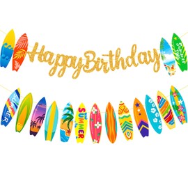 Surfing Happy Birthday Banner Surf Party Supplies Surfing Party Decorations Glitter Surfboard Banner for Summer Hawaiian Beach Birthday Decoration Swimming Pool Hawaii Party Supplies