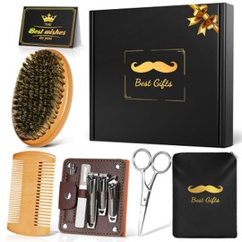Linkax Birthday Gifts for Men Dad, Linkax Beard Brush for Men Beard Grooming Care Kit with Brush Comb Apron Scissors Nail Clippers Manicure Set, Boyfriend Husband Grandad Step Dad Gifts from Daughter Son