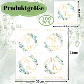 100 Napkins Wedding Table Decoration Mr & Mrs Eucalyptus - Schön, dass du da bist Serviettes, 3-Ply 33 x 33 cm Napkins for Weddings, Anniversaries, Table Decoration