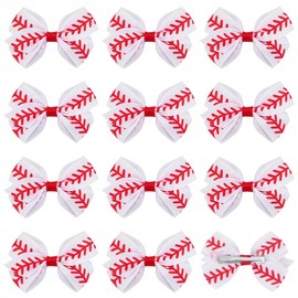 PLIGREAT 12 Pcs Baseball Hair Bow Clips Red and White Ribbon Bow Cheer Alligator Clips Softball Hair Accessories for Women Girls Decor Birthday Party Gift