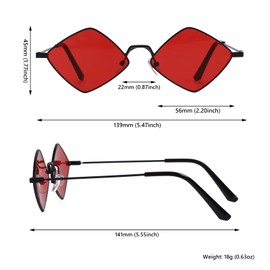 Dazzleimart Retro Diamond Shape Sunglasses for Men & Women, Metal Quadrilateral Frame Shades UV Protection Film Sun Glasses, Black-red, One Size