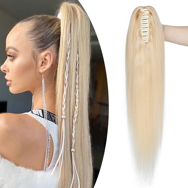 SEGO Ponytail Hair Piece Real Hair Braid Extension with Clip in Ponytail Hair Extensions 100% Remy Hair Piece Straight 22 Inches (55 cm) – 120 g Light Blonde #613-1