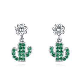 ONEFINITY Cactus Earrings 925 Sterling Silver Cactus with Flower Earrings Green Cactus Jewellery Gifts for Women Girls, Sterling Silver, Cubic Zirconia