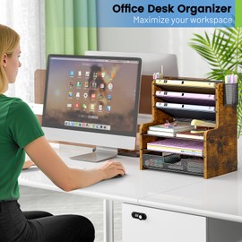 DAOUTIME 6-Tier Mesh Desk Organizer with Drawer, Wooden Office Organizer for Papers, Folders & Office Supplies - Sturdy Desktop File Holder with 2 Pen Holders - Space Saving Home Office Accessories
