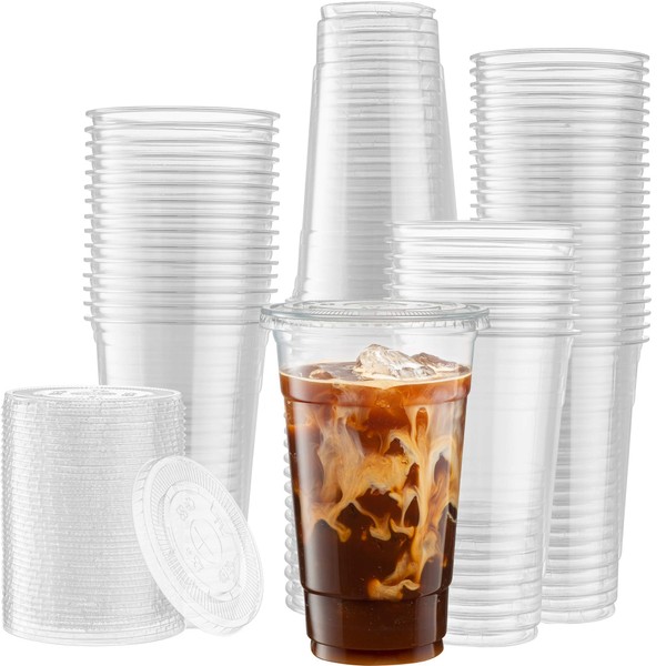 [50 Sets - 24 Oz] Crystal Clear PET Plastic Cups With Flat lids for Iced Coffee, Cold Drinks, Milkshake, Slush Cup, Smoothy's, Slurpee, Party's, Plastic Disposable Cups