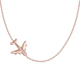 Airplane Sideways Choker Necklace S925 Sterling Silver Aircraft Jelwery Adjustable Clavicle Necklace 15+3 Inch for Women Lady, Best Gifts for Stewardess Flight Attendants (Rose Golden)