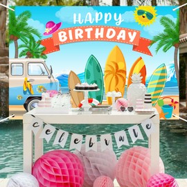 Summer Hawaiian Happy Birthday Banner Backdrop Summer Pool Beach Surfboard Theme Surf Background Decor for Surfer Men Boys Girls Birthday Party Favors Decorations Supplies 70.8x47.2in-BECKTEN