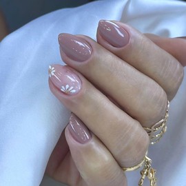 Press on Nails Short Almond Fake Nails with White Flower Golden Glitter Design Glue on Nails Dark Purple Full Cover Nails Press ons Glossy False Nails Artificial Stick on Nails for Women 24Pcs