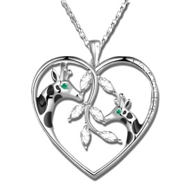 Sterling Silver Tree of Life Giraffe Pendant Necklace, Blue Crystal Background, Gift for Animal Lovers! (Giraffe with Green Eyes)