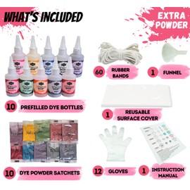 KUMBER Tie Dye Kit Kids & Adults - 10 Colours with Extra Dye Powder, Rubber Bands, Gloves, Surface Cover & Funnel - Art and Craft Kit for Kids and Adults - Fabric Dye for Clothes, Games & Activities