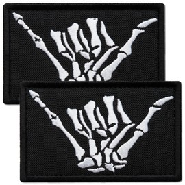 Bluyellow 2Pcs Black Shaka Hand Patch, Embroidered Skeleton Hand Shaka Tactical Patches for Military Backpack, Tactical Vest, Military Helmet, Dog Vest Harness, Hook and Loop Aloha, Surf Patch, 2x3