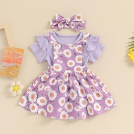 ZZLBUF Newborn Infant Baby Girl Summer Outfits Ruffle Short Sleeve Romper Floral Suspender Skirt Headband Clothes Set (Romper, Daisy Purple, 18-24 Months)