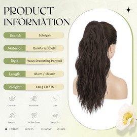 Sofeiyan Ponytail Hairpiece with Drawstring, Wavy Curly Ponytail Extension, 45 cm, Beach Ponytail Braid Extension, Synthetic Hairpiece for Women, Dark Brown