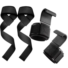 Weight Lifting Wrist Straps and Hooks Set - Black, Reinforced Stainless Steel Hooks with Non-Slip Rubber Pads, Adjustable Neoprene Wristband for Deadlifts, Pull-Ups, and Strength Training