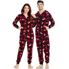 COLORFULLEAF Couples Matching Christmas Pajamas for Family Hoodie Onesie Fleece Pajama Sets Red Plaid Pattern (Womens, S)